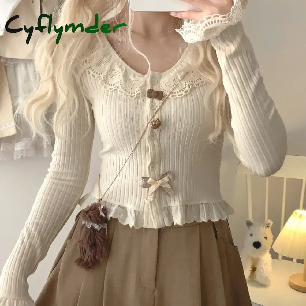 Sweet Lolita Style Short Cardigan Women Kawaii Lace Patchwork Ruffles Bow Knitted Coat Korean Fashion Chic Buttons Cute Crop Top