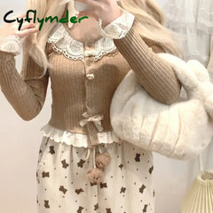 Cyflymder Sweet Lolita Style Short Cardigan Women Kawaii Lace Patchwork Ruffles Bow Knitted Coat