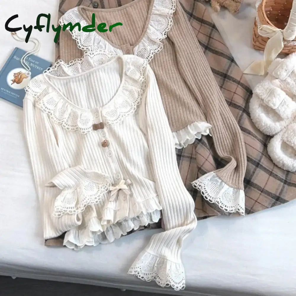 Cyflymder Sweet Lolita Style Short Cardigan Women Kawaii Lace Patchwork Ruffles Bow Knitted Coat