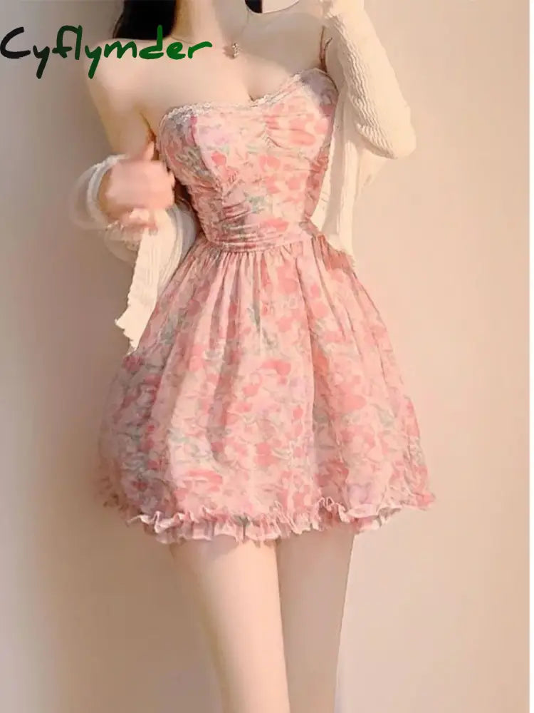 Cyflymder Sweet New Pink Sexy Dress Fresh Style Fragmented Flowers Print Waist Wrapped Slim Student