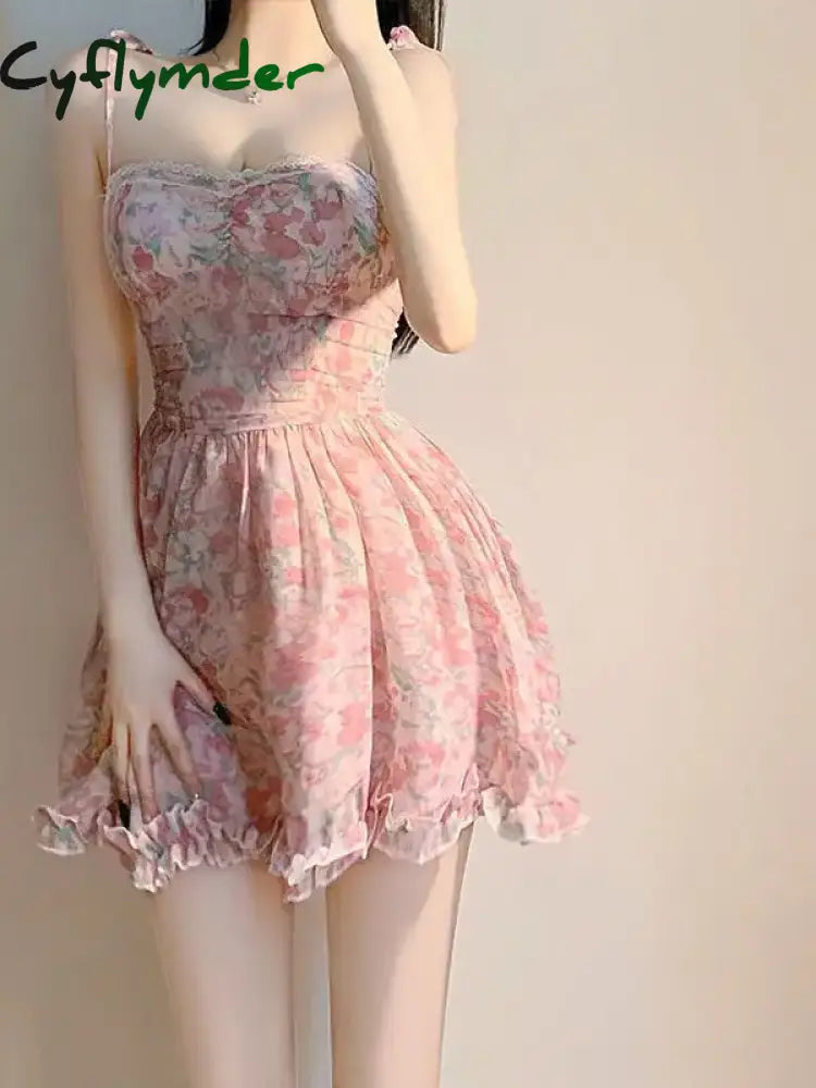 Cyflymder Sweet New Pink Sexy Dress Fresh Style Fragmented Flowers Print Waist Wrapped Slim Student