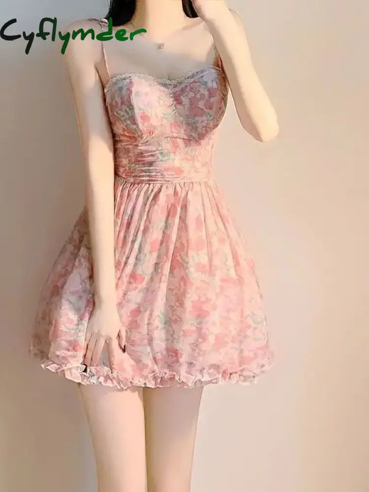 Cyflymder Sweet New Pink Sexy Dress Fresh Style Fragmented Flowers Print Waist Wrapped Slim Student