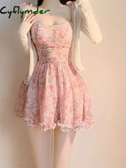 Cyflymder Sweet New Pink Sexy Dress Fresh Style Fragmented Flowers Print Waist Wrapped Slim Student