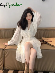 Cyflymder Sweet White Chiffon Long Sleeve V-Neck Waisted Dress Vestido De Noiva Princesa Luxo Robe