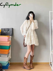 Cyflymder Sweet White Chiffon Long Sleeve V-Neck Waisted Dress Vestido De Noiva Princesa Luxo Robe