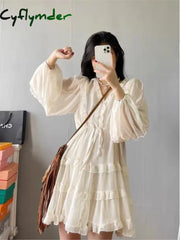 Cyflymder Sweet White Chiffon Long Sleeve V-Neck Waisted Dress Vestido De Noiva Princesa Luxo Robe