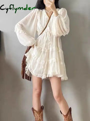 Sweet White Chiffon Long Sleeve V-Neck Waisted Dress  vestido de noiva princesa luxo robe blanche Wedding Prom Dress