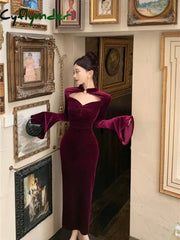 Cyflymder Temperament Dresses Women Hollow Out Flare Long Sleeve French Style Chic Hollow Out Velvet Dress Sexy Vintage