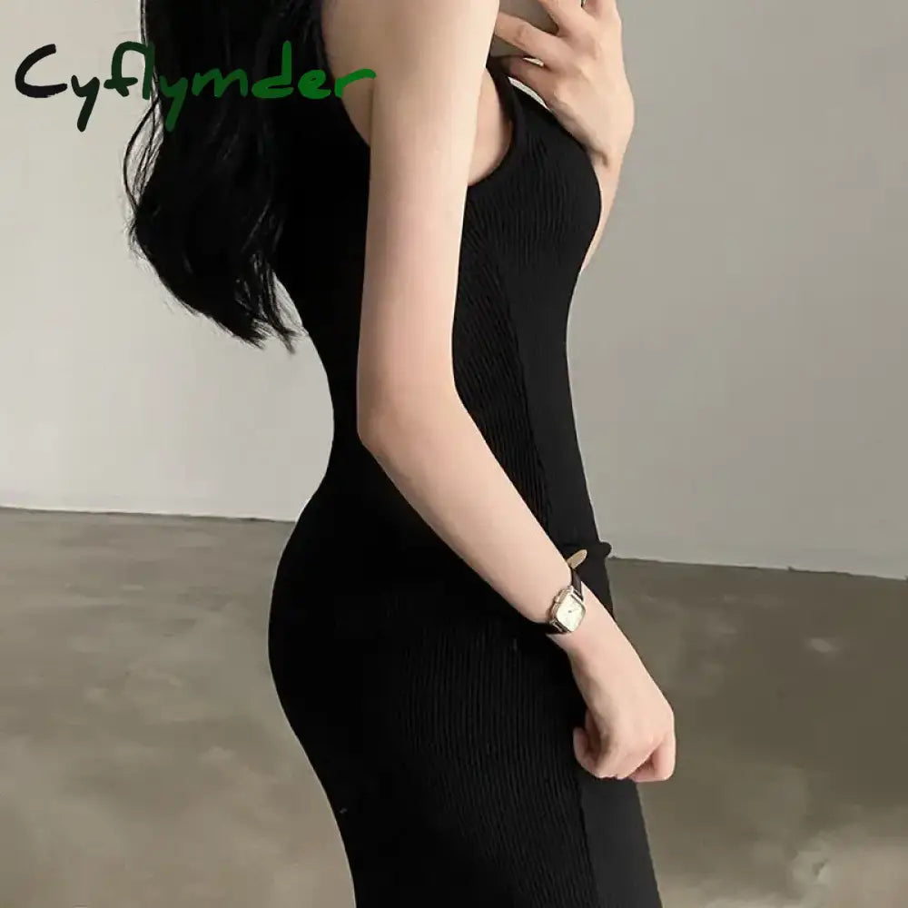 Cyflymder Temperament Square Neck Long Dress For Women Sexy Solid Screw Thread Sleeveless Split