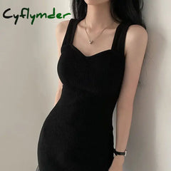 Cyflymder Temperament Square Neck Long Dress For Women Sexy Solid Screw Thread Sleeveless Split