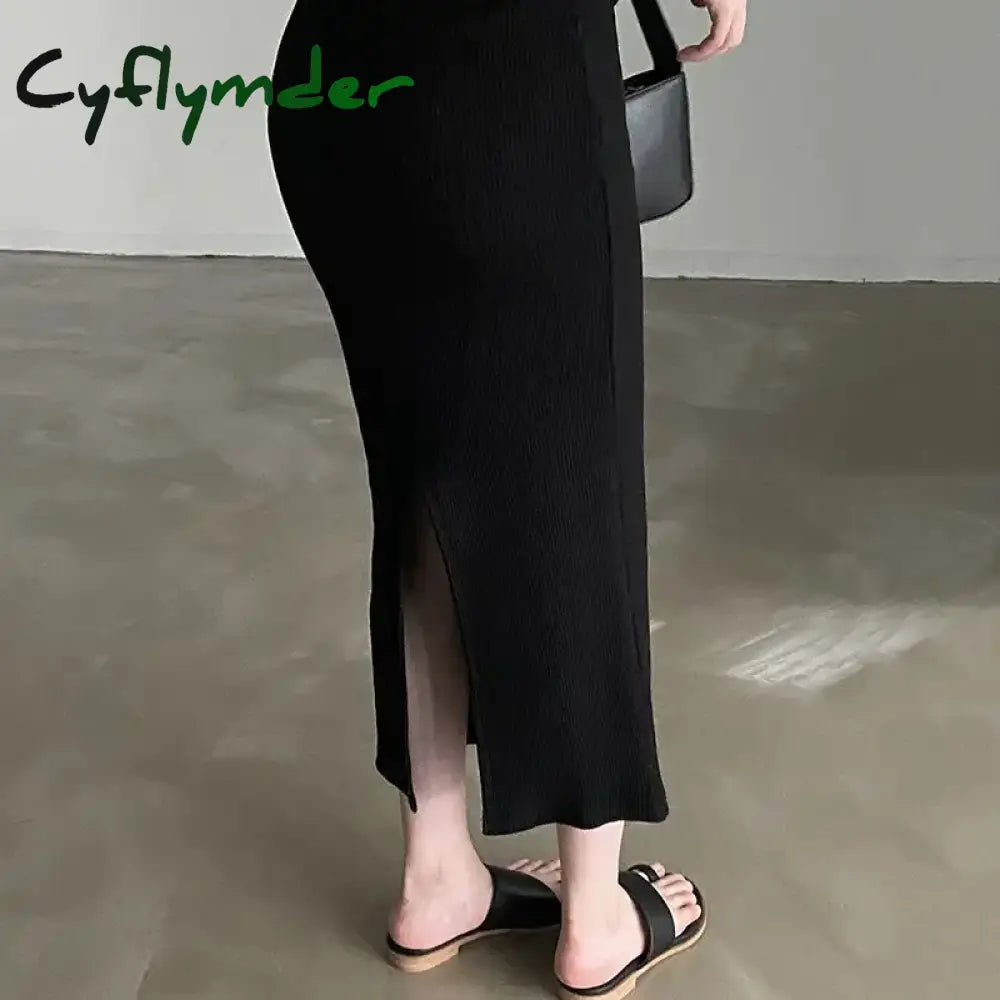 Cyflymder Temperament Square Neck Long Dress For Women Sexy Solid Screw Thread Sleeveless Split