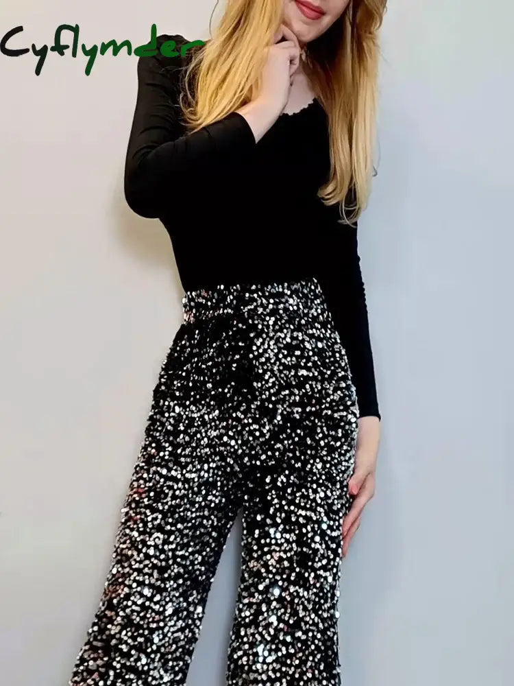 Cyflymder The New Women’s Fashion Trendy Sparkling Gold Pants Relaxation Of Tall Waist