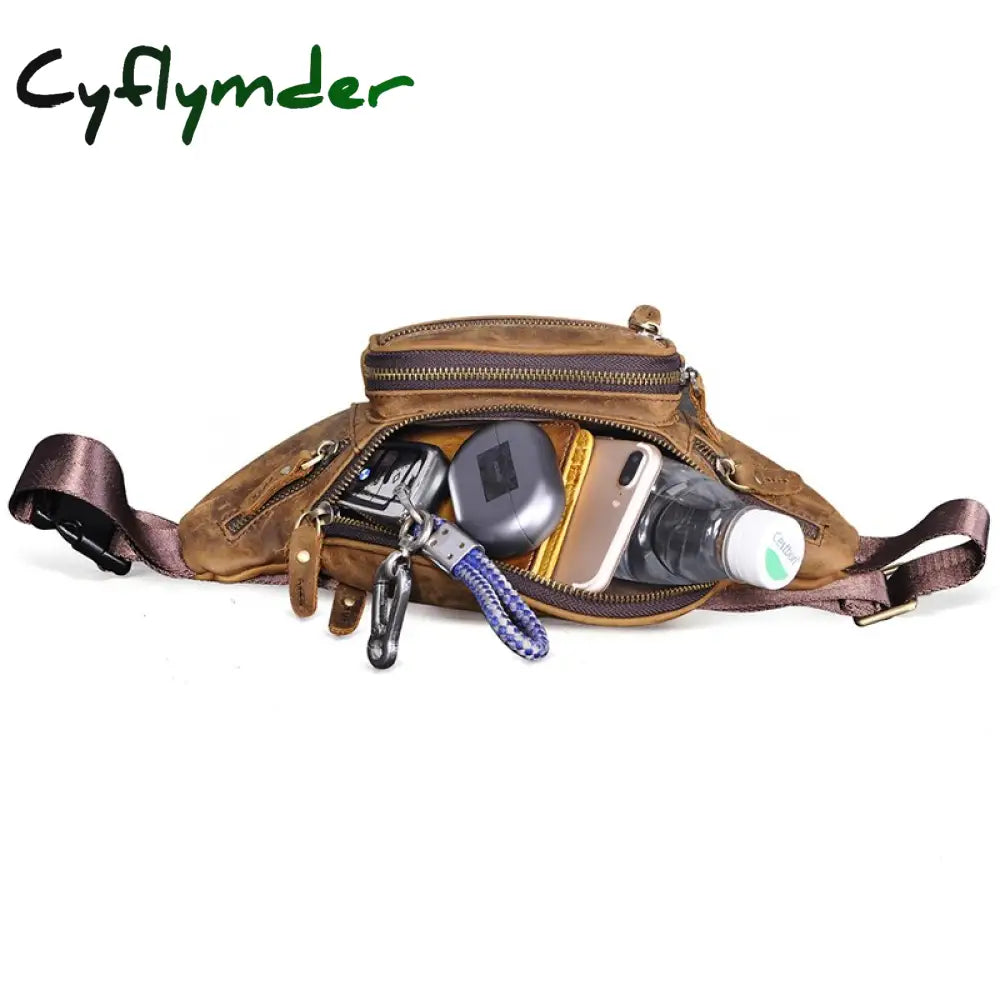 Cyflymder Thick Real Leather Male Cross-Body Sling Chest Pack Design Travel Cigarette Phone Case