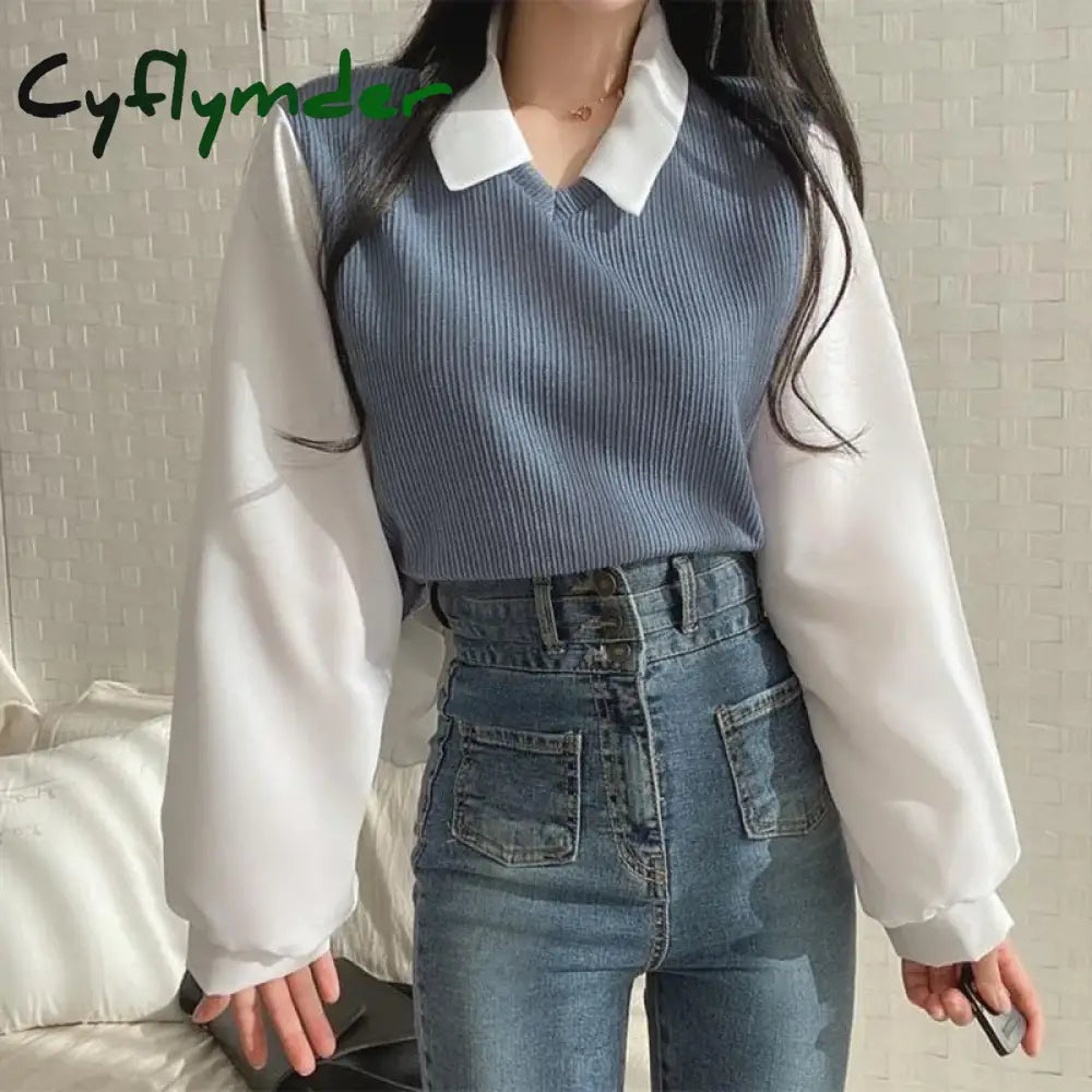 Cyflymder Thread Of Screw False Two-Piece Polo Collar Sweatshirts Women Korean Patch Fashion Loose