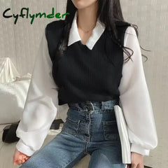 Cyflymder Thread Of Screw False Two-Piece Polo Collar Sweatshirts Women Korean Patch Fashion Loose