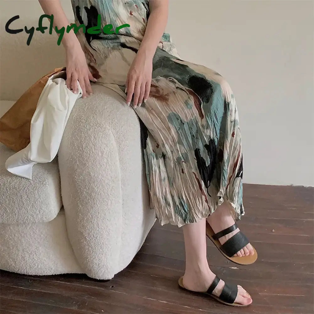Cyflymder Tie Dye Long Slip Maxi Dresses For Women Chiffon Spaghetti Strap Summer Ruched Dress