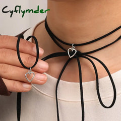 Cyflymder Tie Up Rope Heart Necklace For Women Minimal Hollow Pendant Choker Bohemiean Clavicle