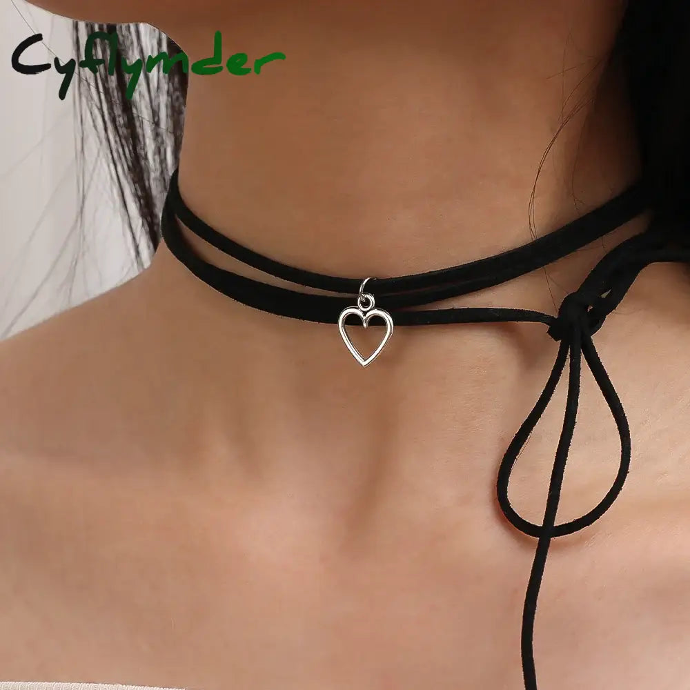 Cyflymder Tie Up Rope Heart Necklace For Women Minimal Hollow Pendant Choker Bohemiean Clavicle