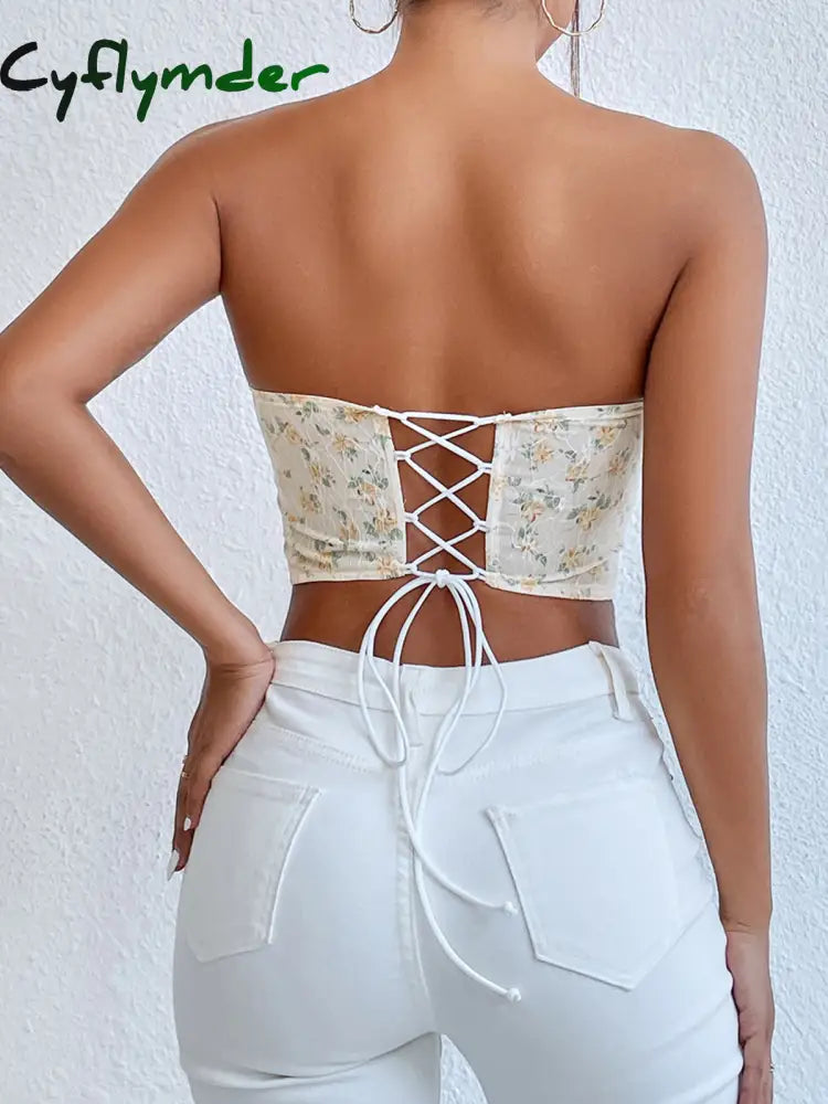 Cyflymder - Tied Floral Mesh Crop Corset Top