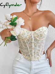 Cyflymder - Tied Floral Mesh Crop Corset Top Apricot / S