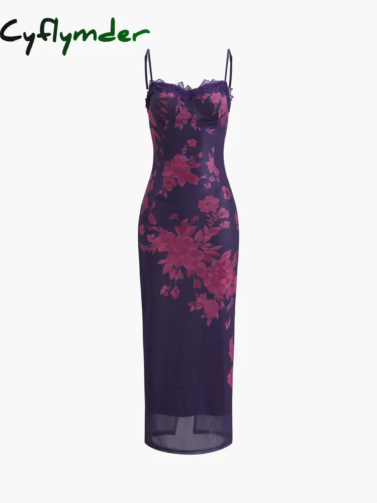 Cyflymder - Tied Lace Trim Floral Mesh Long Dress Purple / Xs Dresses