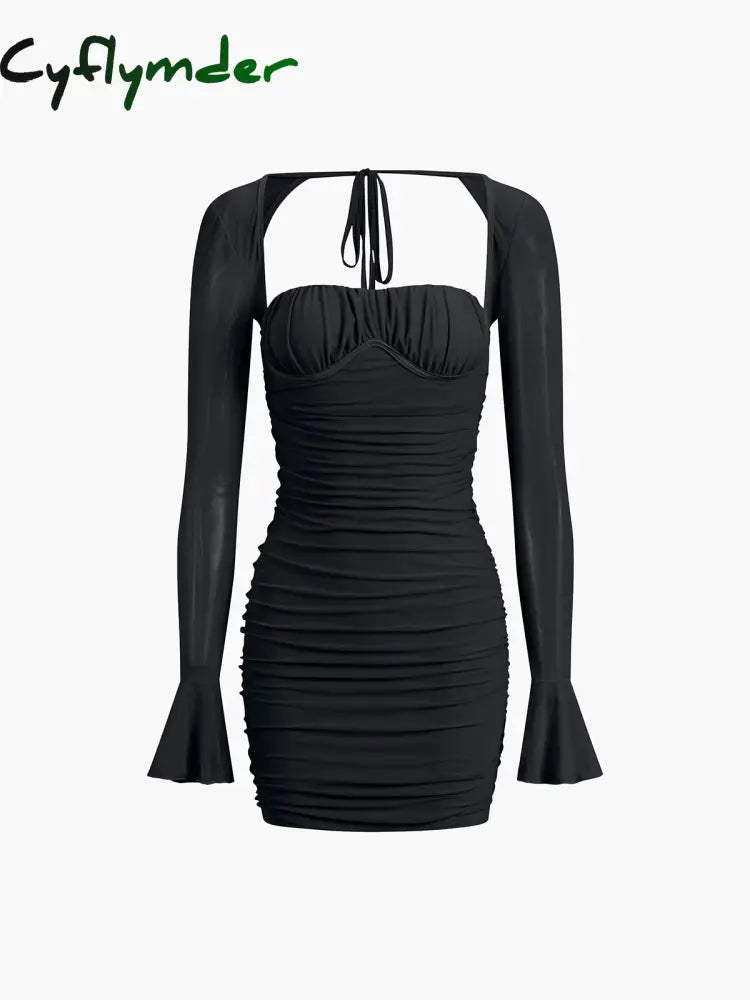 Cyflymder - Tied Open Back Mesh Short Dress Black / S Dresses