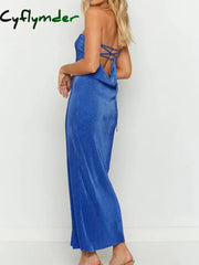 Cyflymder - Tied Open Back Plisse Tube Long Dress Dresses
