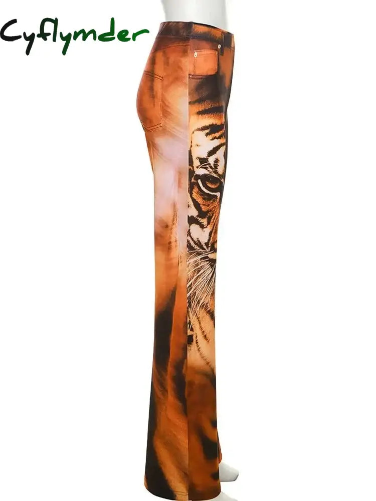 Cyflymder Tiger Print Flare Pants Women Y2K Summer Trend Skinny Elastic Wild Casual Streetwear