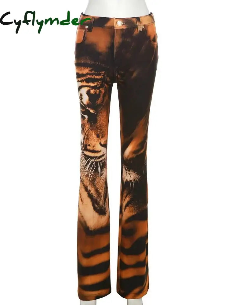 Cyflymder Tiger Print Flare Pants Women Y2K Summer Trend Skinny Elastic Wild Casual Streetwear