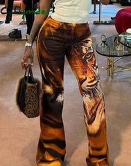 Cyflymder Tiger Print Flare Pants Women Y2K Summer Trend Skinny Elastic Wild Casual Streetwear