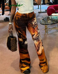 Cyflymder Tiger Print Flare Pants Women Y2K Summer Trend Skinny Elastic Wild Casual Streetwear