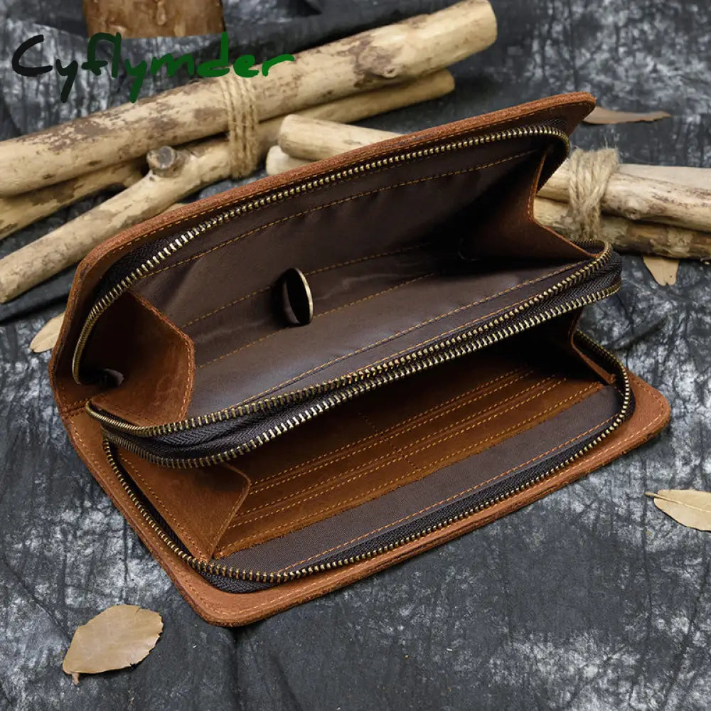 Cyflymder Top Grade Genuine Leather Day Clutches For Men Vintage Style Hand Purse Double Interlayer