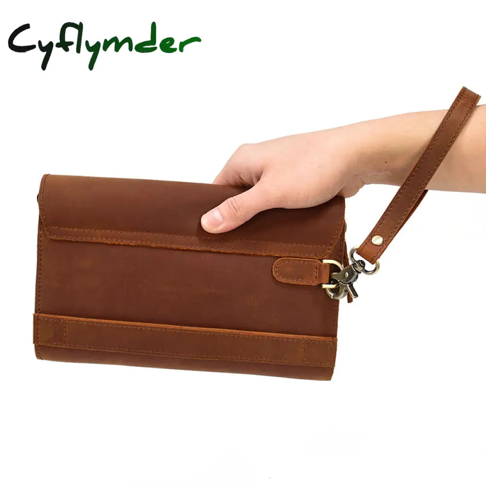 Cyflymder Top Grade Genuine Leather Day Clutches For Men Vintage Style Hand Purse Double Interlayer