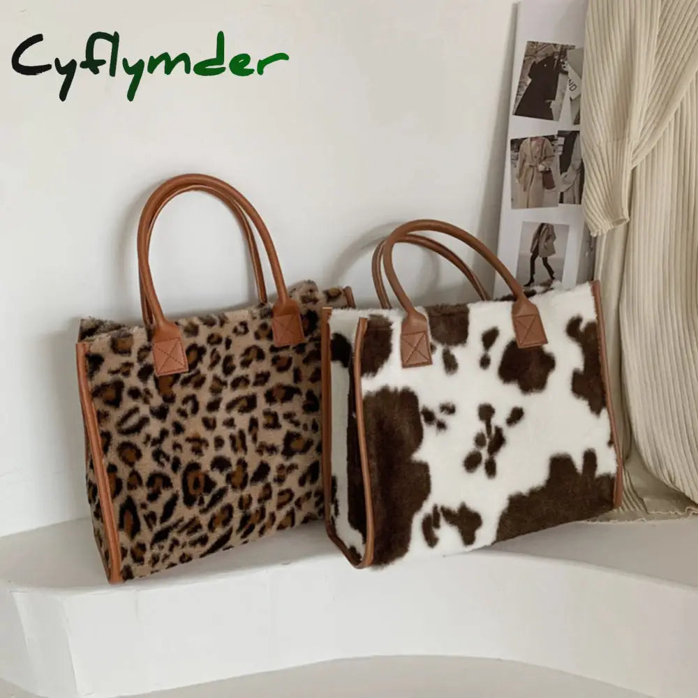 Cyflymder Top-Handle Bags Retro Cow Leopard Print Pu Leather Plush Design Autumn Winter Fashion