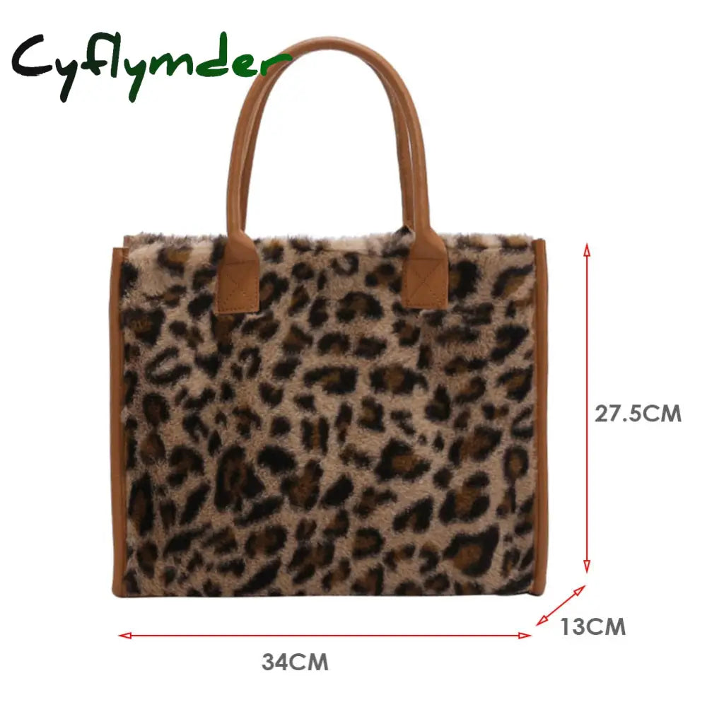 Cyflymder Top-Handle Bags Retro Cow Leopard Print Pu Leather Plush Design Autumn Winter Fashion