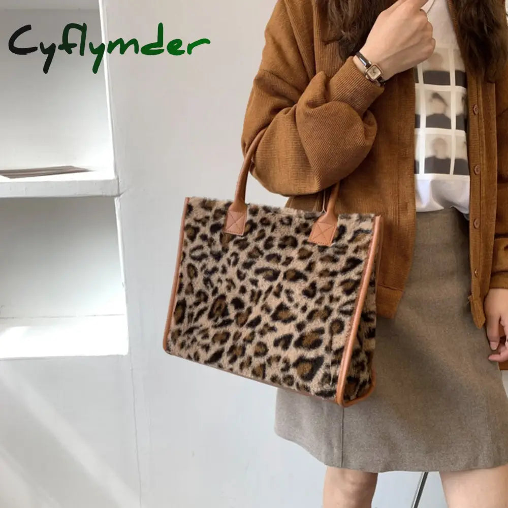 Cyflymder Top-Handle Bags Retro Cow Leopard Print Pu Leather Plush Design Autumn Winter Fashion