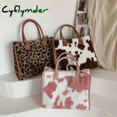 Cyflymder Top-Handle Bags Retro Cow Leopard Print Pu Leather Plush Design Autumn Winter Fashion