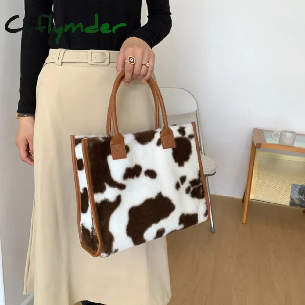 Cyflymder Top-Handle Bags Retro Cow Leopard Print Pu Leather Plush Design Autumn Winter Fashion