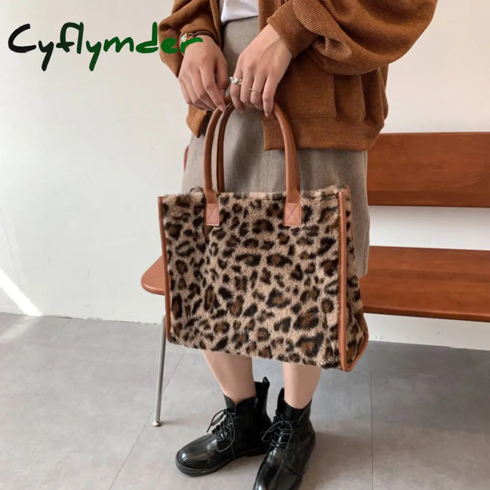 Cyflymder Top-Handle Bags Retro Cow Leopard Print Pu Leather Plush Design Autumn Winter Fashion