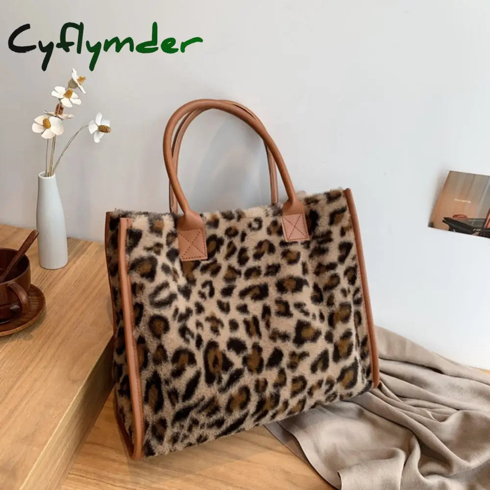 Cyflymder Top-Handle Bags Retro Cow Leopard Print Pu Leather Plush Design Autumn Winter Fashion