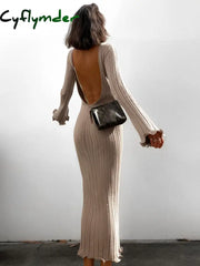 Cyflymder - Tranquility Rib Open Back Long Sleeve Dress Khaki / Xs Sweater Dresses