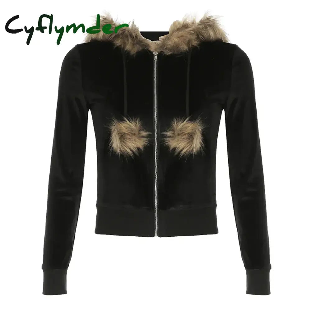 Cyflymder trashy outfits Black Velvet Faux Collar Hooded Sweats Women’s Long Sleeve Causal Simple Hoodies Autumn High