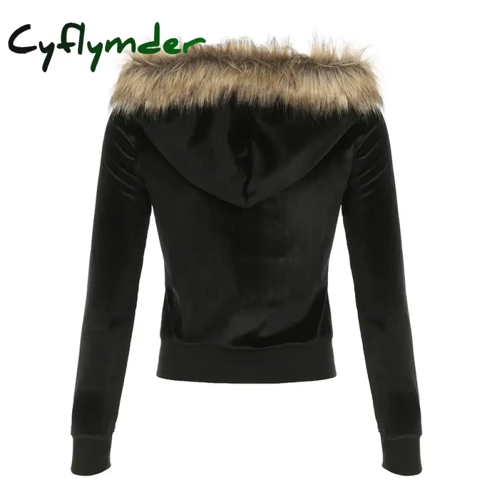 Cyflymder trashy outfits Black Velvet Faux Collar Hooded Sweats Women’s Long Sleeve Causal Simple Hoodies Autumn High