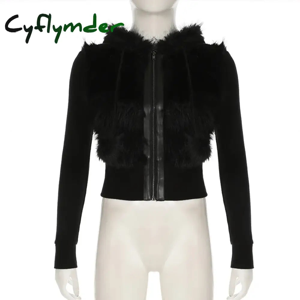 Cyflymder trashy outfits Fake fur Collar Warm Spring Rabbit Fur Coat Female Fur Knitted Jacket Outwear Fashion Long