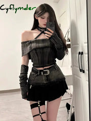 Cyflymder trashy outfits Spring/Summer New Sexy One Shoulder Short Sleeve Slim Retro Top Splicing Short Skirt Set Spicy