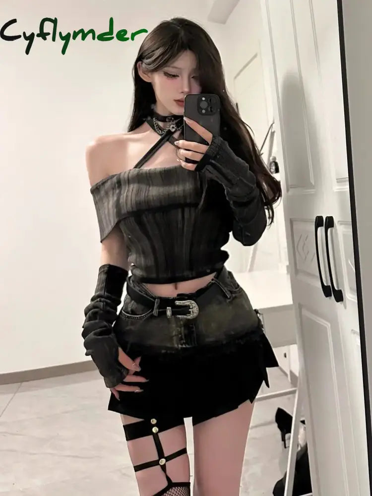 Cyflymder trashy outfits Spring/Summer New Sexy One Shoulder Short Sleeve Slim Retro Top Splicing Short Skirt Set Spicy