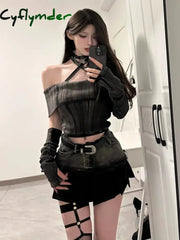 Cyflymder trashy outfits Spring/Summer New Sexy One Shoulder Short Sleeve Slim Retro Top Splicing Short Skirt Set Spicy