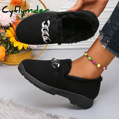 Cyflymder Trend Chain Thick Plush Low Platform Boots Women Winter Wear-Resistant Warm Ankle Boots Female Solid Soft