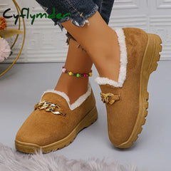 Cyflymder Trend Chain Thick Plush Low Platform Boots Women Winter Wear-Resistant Warm Ankle Boots Female Solid Soft