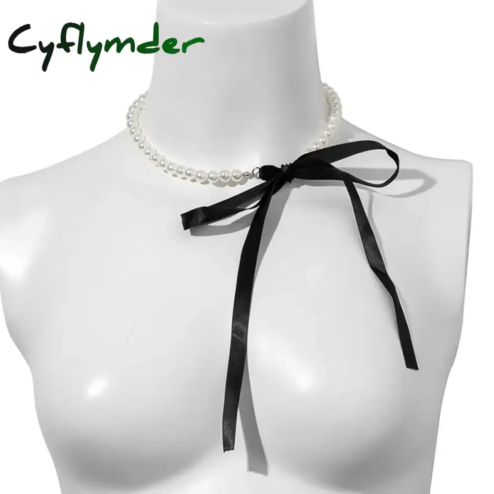 Cyflymder Trend Wedding Party Jewelry Long Black Ribbon Choker Necklace For Women Elegant White